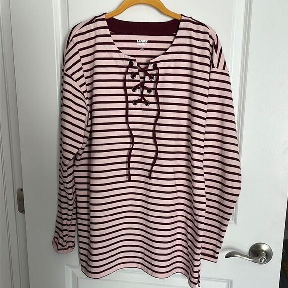 Lands End Merlot Striped on Rose Background Lace-Up Sweatshirt Sz 10-12 M - Picture 1 of 9